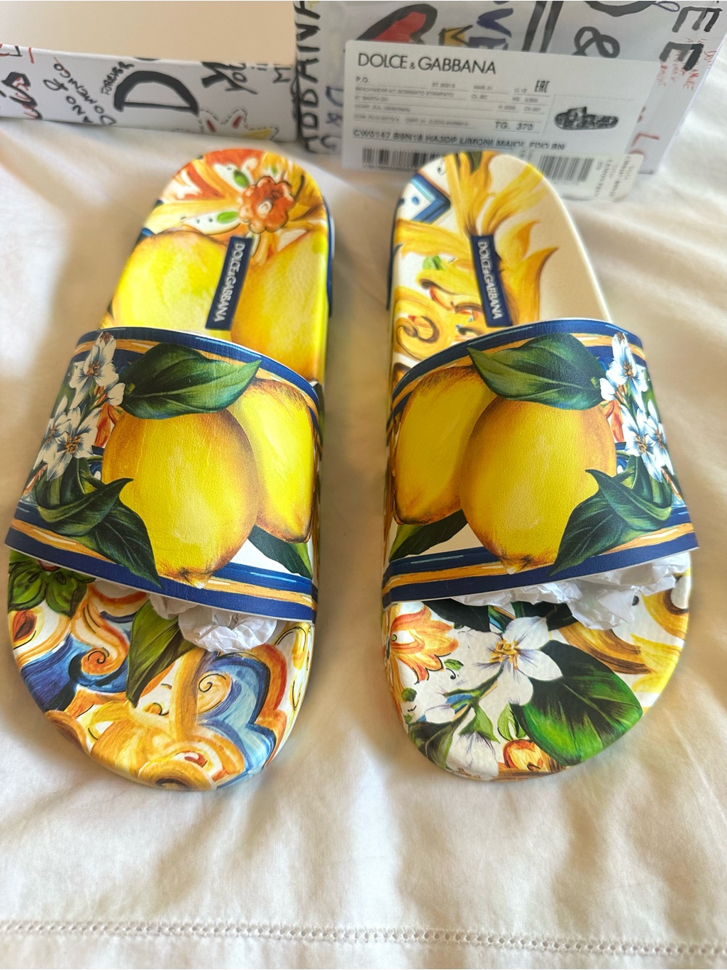 Dolce & Gabbana Yellow Lemon Print Slide Sandals With Blue Trim